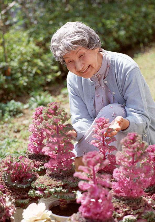 庭で花の咲き具合を見ている年配女性